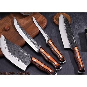 Kitchen Knives 4 Piece‎ Hand Forged Chef Damascus Style Blades Wood Handle NIB